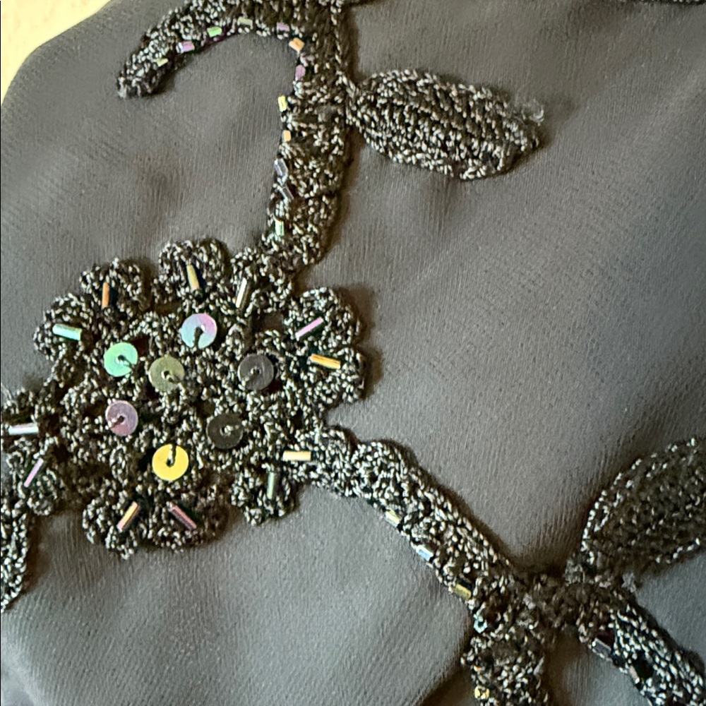 Vintage Caché Black Crochet Beaded Dress Sz 8 Whimsigoth Y2K Asymmetrical Midi - Picture 15 of 17